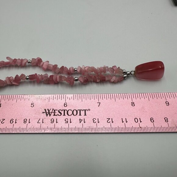 Cat’s Eye Bead Necklace Lot Pink Green Chip Bead Pendant Boho Layering 18 Inch - Picture 9 of 11